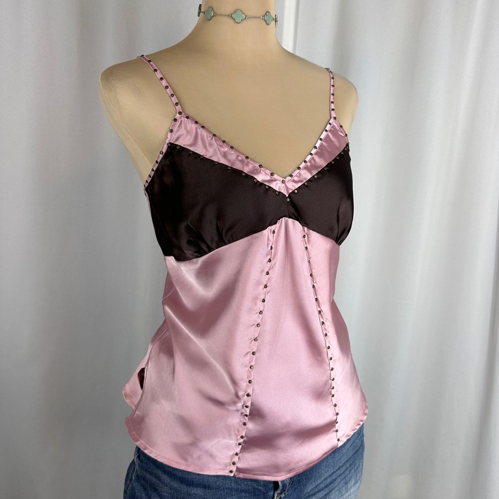 Aziz 100% Silk Satin Cami Top Size Large Pink Brown Studded Y2K